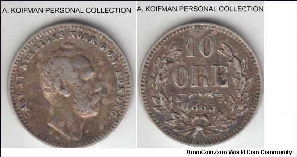 KM-710, 1865 Sweden 10 ore; silver, plain edge; tiny coin, very fine or so.