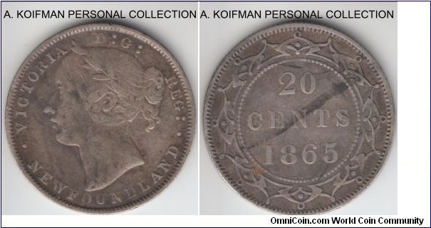 KM-4, 1865 Newfoundland 20 cents; silver, reeded edge; good fine to about very fine, first year of issue and mintage of 100,000.
