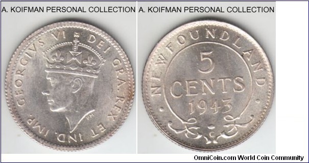 KM-19, 1943 Newfoundland 5 cents, Ottawa mint (C mint mark); silver, reeded edge; bright white uncirculated specimen.