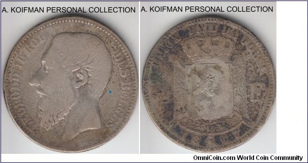 KM-30.1, 1867 Belgium 2 francs; silver, reeded edge; very good to fine, well work as common with the Belgium coins of the period, this is the variety with the crown on the crown.