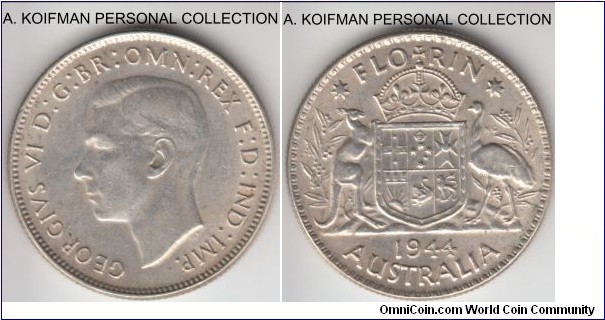 KM-40, 1944 Australia florin, Melbourne mint (no mint mark); silver, reeded edge; good very fine to extra fine, some spotting and may have been cleaned.