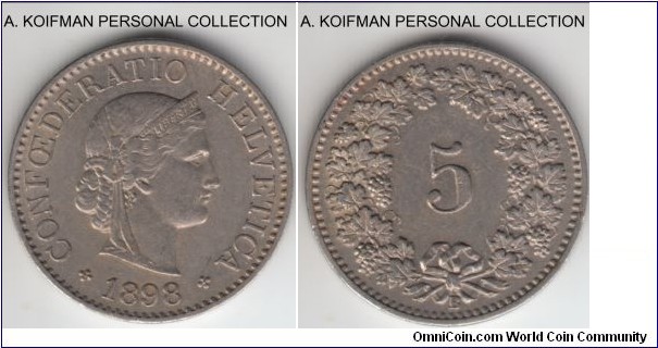 KM-26, 1898 Switzerland 5 rappen; copper-nickel, plain edge; good extra fine.