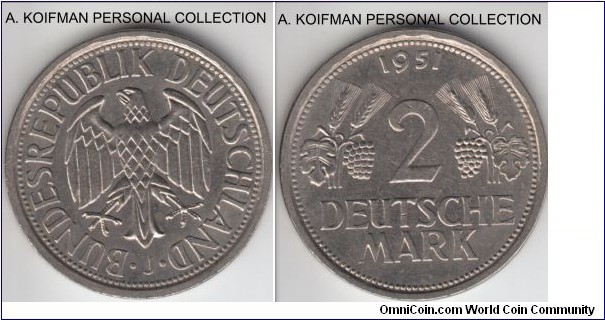 KM-111, Germany 2 marks, Hamburg mint (J mint mark); copper-nickel, ornamented edge; good extra fine or better.