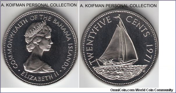 KM-20, 1971 Bahamas 25 cents, Franklin mint (FM mint mark); proof, copper-nickel, reeded edge; light cameo bright uncirculated proof, mintage 31,000.