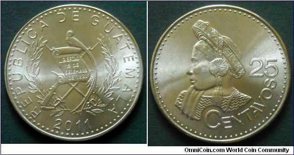 Guatemala 25 centavos.
2011, Cu-ni-zn.
