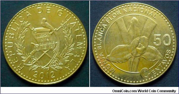 Guatemala 50 centavos.
2012, Nickel-brass.