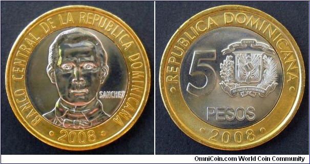 Dominican Republic 5 pesos. 2008, Bimetal.