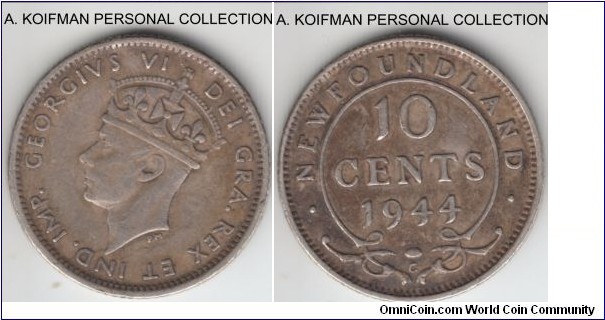 KM-20, 1944 Newfoundland 10 cents, Ottawa mint (C mint mark); silver, reeded edge; good fine to very fine.