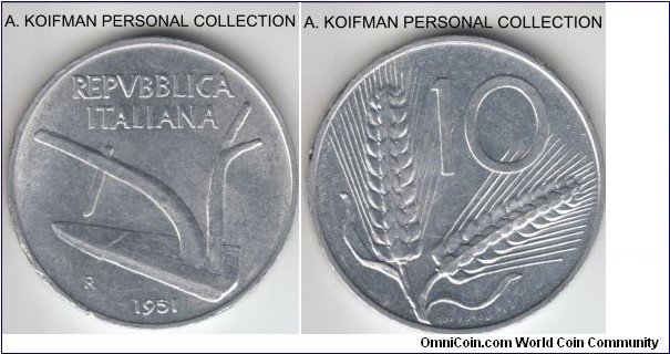 KM-93, 1951 Italy 10 lira, Rome mint (R mint mark); aluminum, plain edge; uncirculated or about.