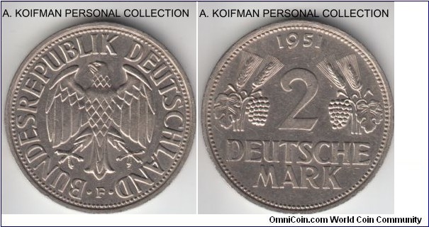 KM-111, Germany 2 marks, Stuttgart mint (F mint mark); copper-nickel, ornamented edge; almost uncirculated, couple of spots.