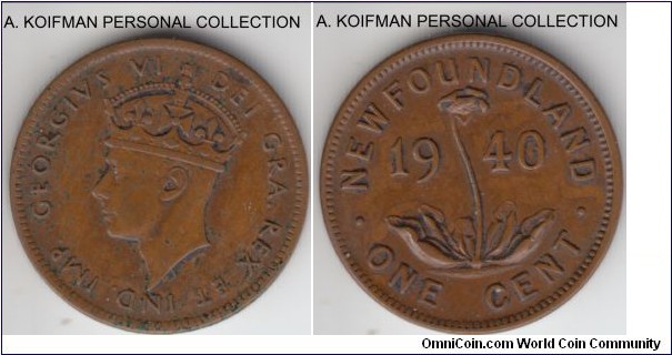 KM-18, 1940 Newfoundland cent; bronze, plain edge; very fine or so, regular variety.