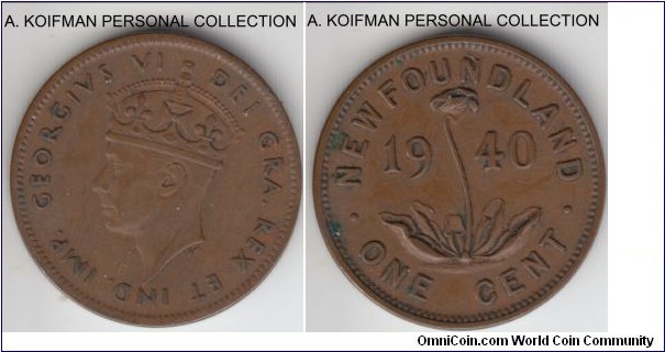 KM-18, 1940 Newfoundland cent; bronze, plain edge; very fine or so, re-engraved date variety.