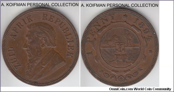 KM-2, 1894 Zuid-Afrikkansche Republiek (ZAR) South Africa penny; bronze, plain edge; good extra fine or better brown, nice rims, slightly weak reverse, as usual.
