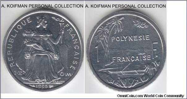 KM-11, 1995 French Polynesia franc; aliminum, plain edge; brilliant uncirculated condition, common coin from exotic place.