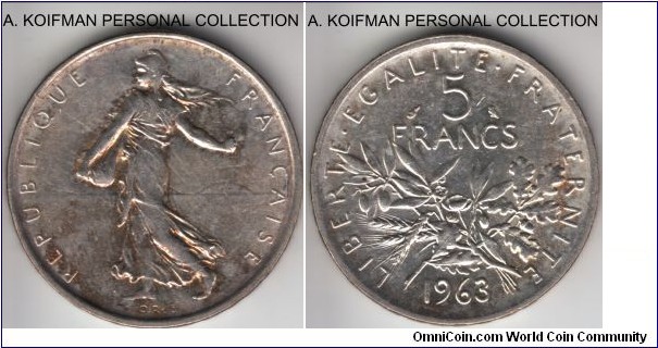 KM-926, 1963 France 5 francs; silver, raised lettered edge; uncirculated or about, some toning in places.