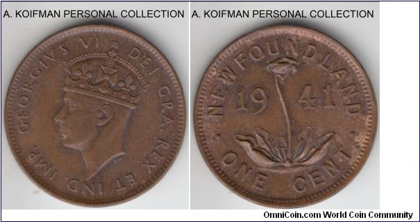 KM-18, 1941 Newfoundland cent, Ottawa mint (C mint mark); bronze, plain edge; good extra fine, reverse retains some of the original luster.