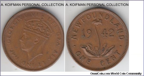 KM-18, 1942 Newfoundland cent; bronze, plain edge; very fine.