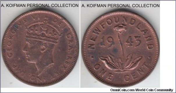 KM-18, 1943 Newfoundland cent, Ottawa mint (C mint mark); bronze, plain edge; very fine but cleaned and a bit beaten up.