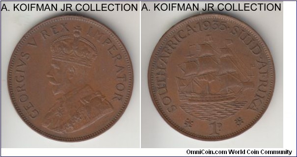 KM-14.3, 1935 South Africa (Dominion) penny; bronze, plain edge; George V, common, light brown uncirculated.