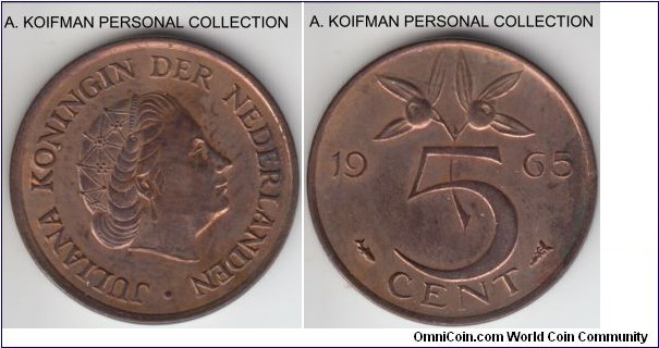 KM-181, 1965 Netherlands 5 cents; bronze, plain edge; red-brown uncirculated or almost.