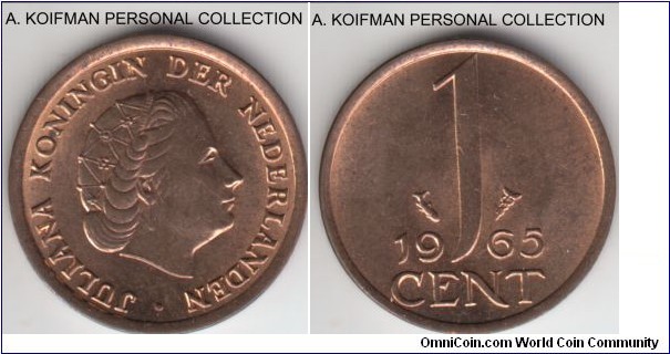 KM-180, 1965 Netherlands cent; bronze, plain edge; mostly red bright uncirculated.