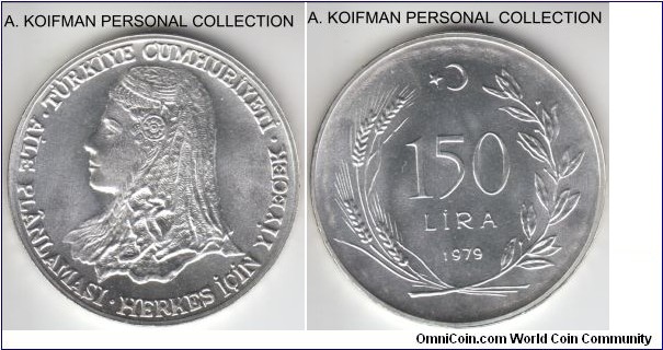 KM-929.2, 1979 Turkey 150 lira; proof, silver, lettered and ornamented edge; Anatolian bride, nice white coin, scarce mintage 2,500.