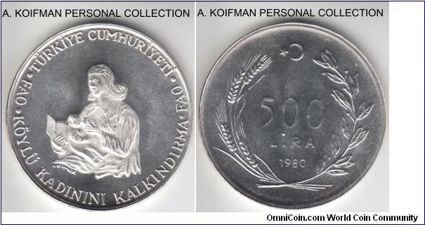 KM-940.2, 1980 Turkey 500 lira; proof, silver, lettered and ornamented edge; obverse cameo, typically weak reverse with light toning, FAO issue, mintage 4,000 in proof.