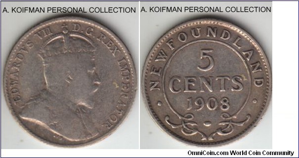 KM-7, 1908 Newfoundland 5 cents; silver, reeded edge; fine or better.