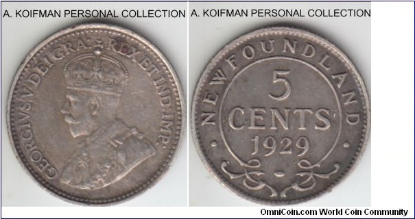 KM-13, 1929 Newfoundland 5 cents; silver, reeded edge; good very fine.