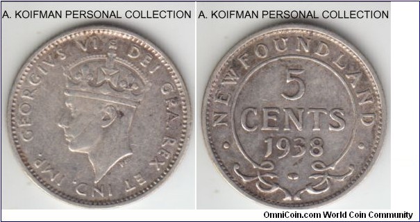 KM-19, 1938 Newfoundland 5 cents; silver, reeded edge; very fine or about, smaller mintage of 100,000.