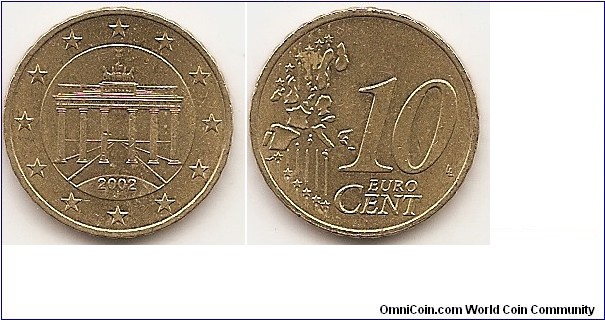 10 Euro cent
KM#153
4.0000 g., Brass, 19.7 mm. Obv: Twelve stars surround the Brandenburg Gate, (date) over mint mark J below. Rev: 10 on the right-hand side, below EURO CENT in two lines; Six straight lines run vertically between the lower and upper left hand side of the face, 12 stars are superimposed on these lines, one just before the two ends of each line, superimposed on the mid - and upper section of these lines, the European continent is represented; the initials ‘LL’ of the engraver appear between the numeral and the edge on the right-hand side of the coin. Edge: Reeded Obv. designer: Reinhard Heinsdorff Rev. designer: Luc Luycx