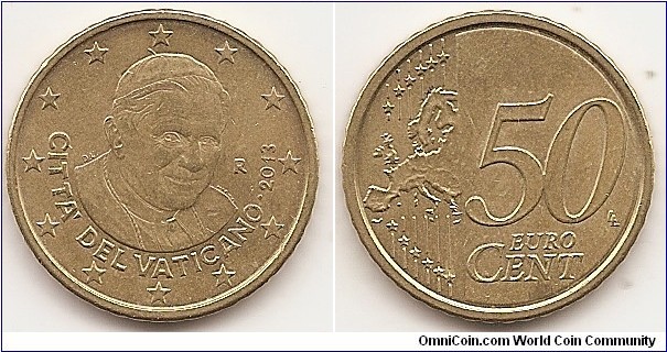 50 Euro cent
KM#387
7.8000 g., Brass, 24.25 mm. Obv:  Twelve stars surround the effigy of Benedict XVI facing right, CITTÀ DEL VATICANO encircle the portrait, R over (date) below right. Rev: 50 on the right-hand side, below EURO CENT in two lines; Six straight lines run vertically between the lower and upper left hand side of the face, 12 stars are superimposed on these lines, one just before the two ends of each line, superimposed on the mid - and upper section of these lines, the European continent ( extended ) is represented; the initials ‘LL’ of the engraver appear between the numeral and the edge on the right-hand side of the coin. Edge: Reeded Obv. designer: Daniela Longo Rev. designer: Luc Luycx