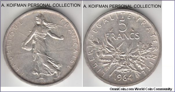 KM-926, 1964 France 5 francs; silver, raised lettered edge; uncirculated or about, some toning in places, small rim impact on reverse.