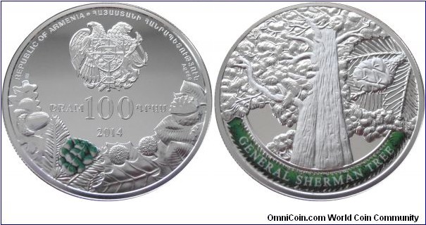 100 Dram - General Sherman tree - 31.1 g 0.999 silver Proof - mintage 1,500