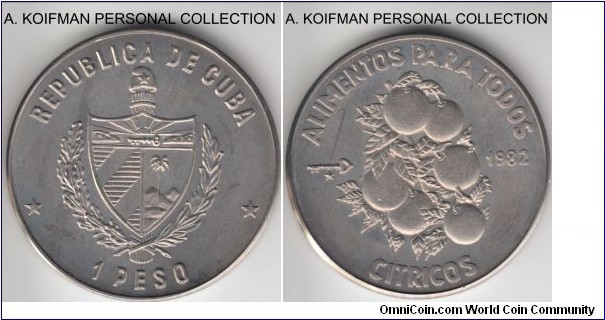 KM-94, 1982 Cuba peso; copper-nickel, plain edge; FAO commemorative - Citrus, light toning overall, from the original FAO cardboard issue, mintage 6,609.