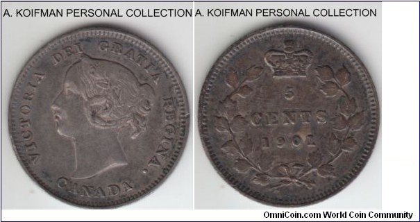 KM-2, 1901 Canada 5 cents; silver, reeded edge; very dark toned, very fine or slightly better.