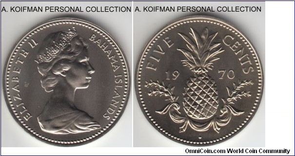 KM-3, 1970 Bahamas 5 cents; copper-nickel, plain edge; brilliant uncirculated, mintage 26,000.