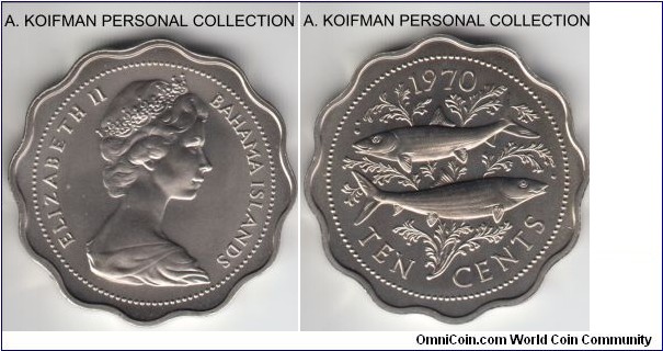 KM-4, 1970 Bahamas 10 cents; copper-nickel, plain edge, scalloped flan; matter very nice uncirculated mint set quality, mintage 27,000.