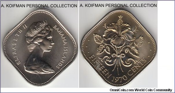 KM-5, 1970 Bahamas 15 cents; copper-nickel, plain edge, square flan; matter uncirculated specimen, from the set, mintage 28,000.