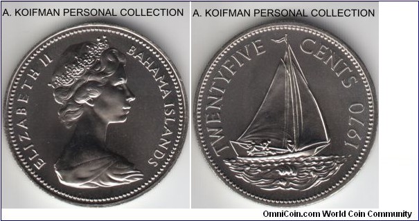 KM-6, 1970 Bahamas 25 cents; copper-nickel, reeded edge; brilliant uncirculated, from the set, mintage 26,000.