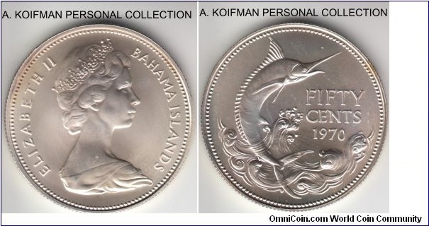 KM-7, 1970 Bahamas 50 cents; silver, reeded edge; matte uncirculated, high grade, mintage 26,000.