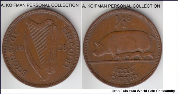 KM-2, 1928 Ireland half penny; bronze, plain edge; brown average uncirculated, I posted it to showthe difference with the other one I have here.