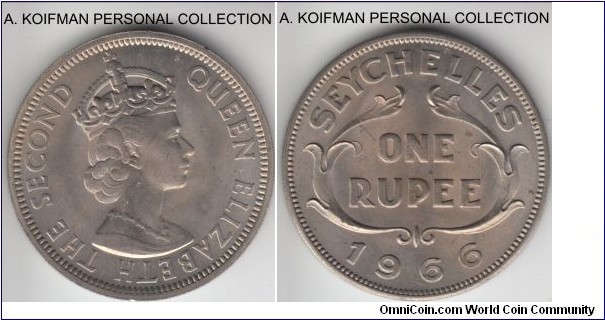 KM-13, 1966 Seychelles rupee; copper-nickel, plain edge; average uncirculated, few tiny carbon spots, mintage 45,000.