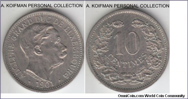 KM-25, 1901 Luxembourg 10 centimes; copper-nickel, plain edge; average uncirculated.