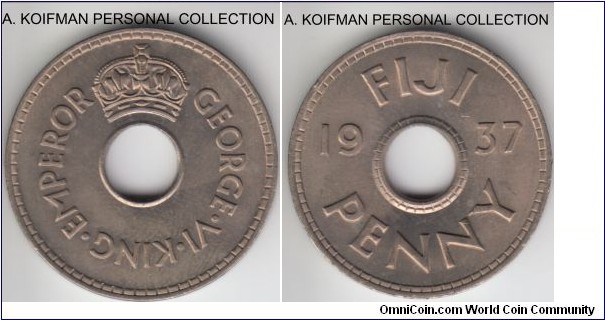 KM-7, 1937 Fiji penny; copper-nickel, plain edge; average uncirculated.