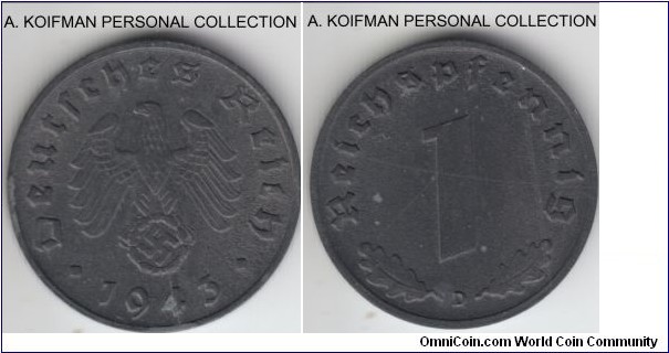 KM-97, 1943 Germany reichspfennig, Munich mint (D mint mark); zinc, plain edge; war time struck, uncirculated or about, few spots visible and some lines, zinc is a poor media for coinage.