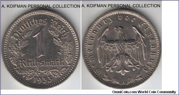 KM-78, Germany (Third Reich) reichsmark, Berlin (A mint mark); nickel, incused ornamented edge; uncirculated or about.