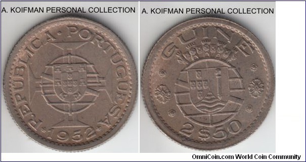 KM-9, 1952 Portuguese Guinea 2 1/2 escudos; copper-nickel, reeded edge; darkly toned average uncirculated.