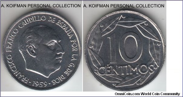 KM-790, 1959 Spain 10 centimos; aluminum, reeded edge; brilliant uncirculated.