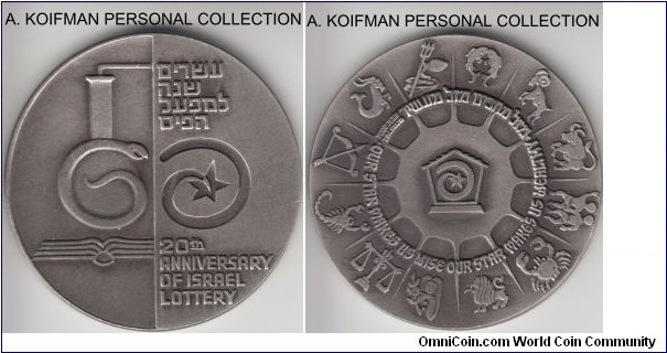 Sheqel-80.2, IGCMC-26021456 Israel 1970 silver medal, 20'th Anniversary of the State Lottery; 935 silver, 45 mm, 47 gr; STATE OF ISRAEL in English and Hebrew on the edge, as well as STERLING 935 and silver in Hebrew, burnished surfaces, uncirculated, commissioned to IGCMC, mintage 5,377, in original box of issue.
